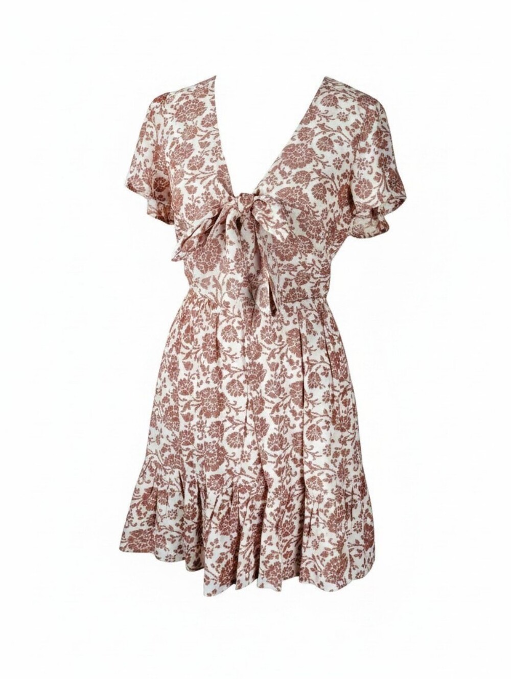 Summer V Neck Rose Floral Tie-Front Mini Dress in Cream and Rose
